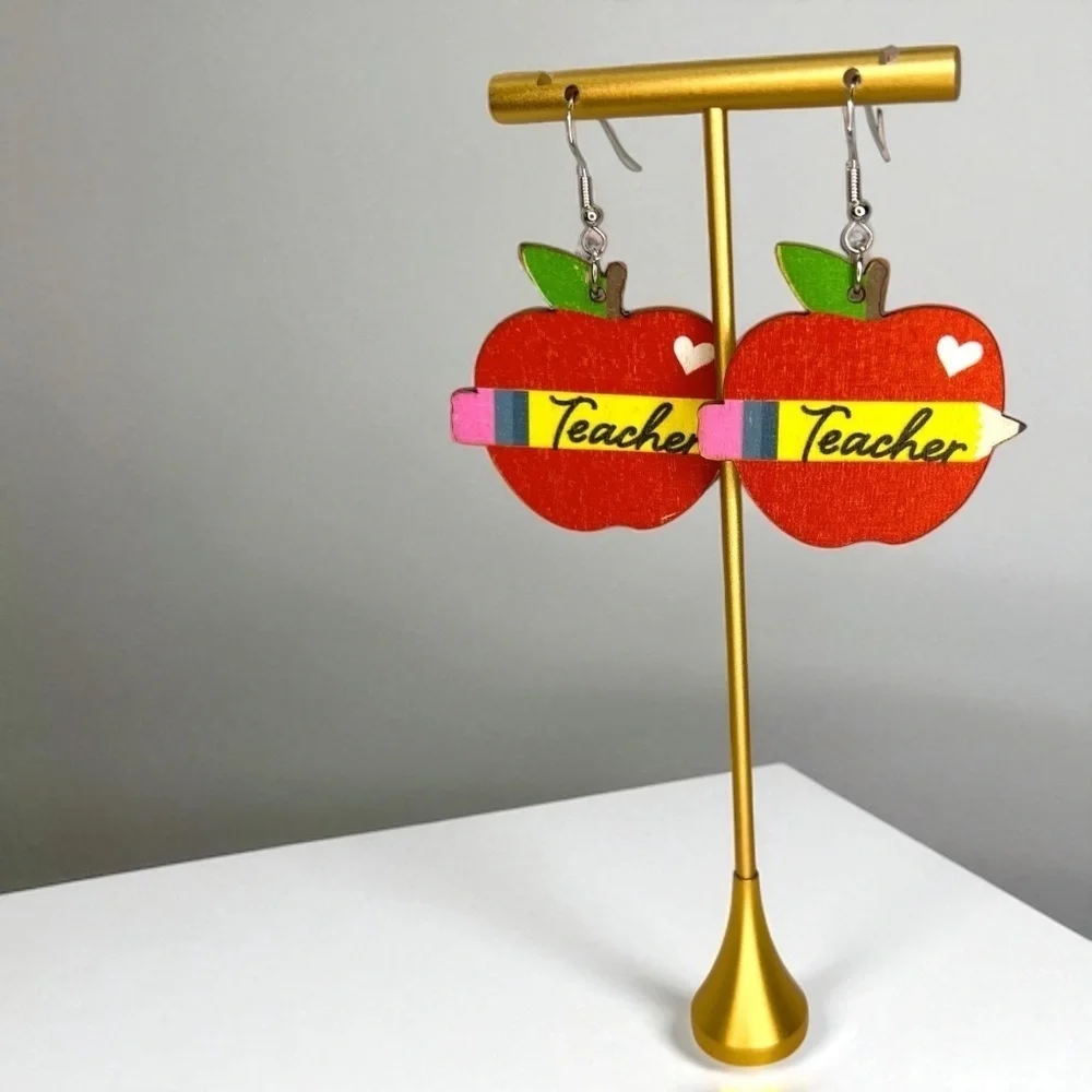 Teacher Apple & Pencil Wooden Earrings Back to School NWT